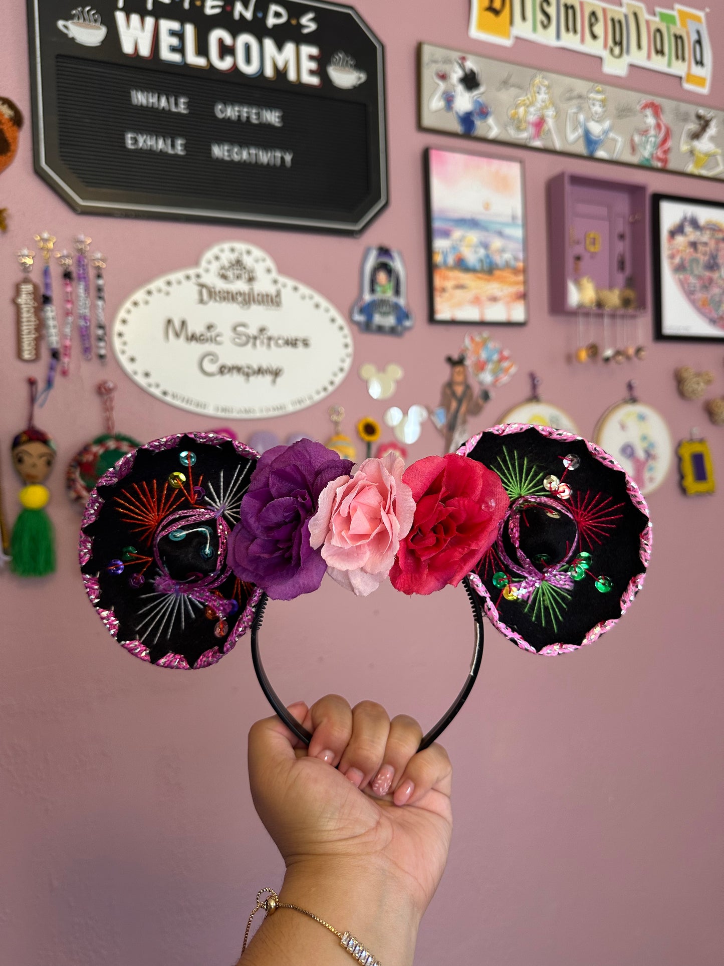 Sombrerito Ears Blacks w Multi Colored Flowers