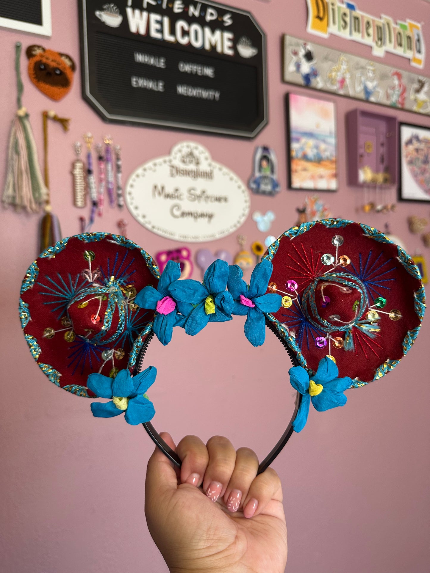 Sombrerito Ears Maroon with Blue Flowers