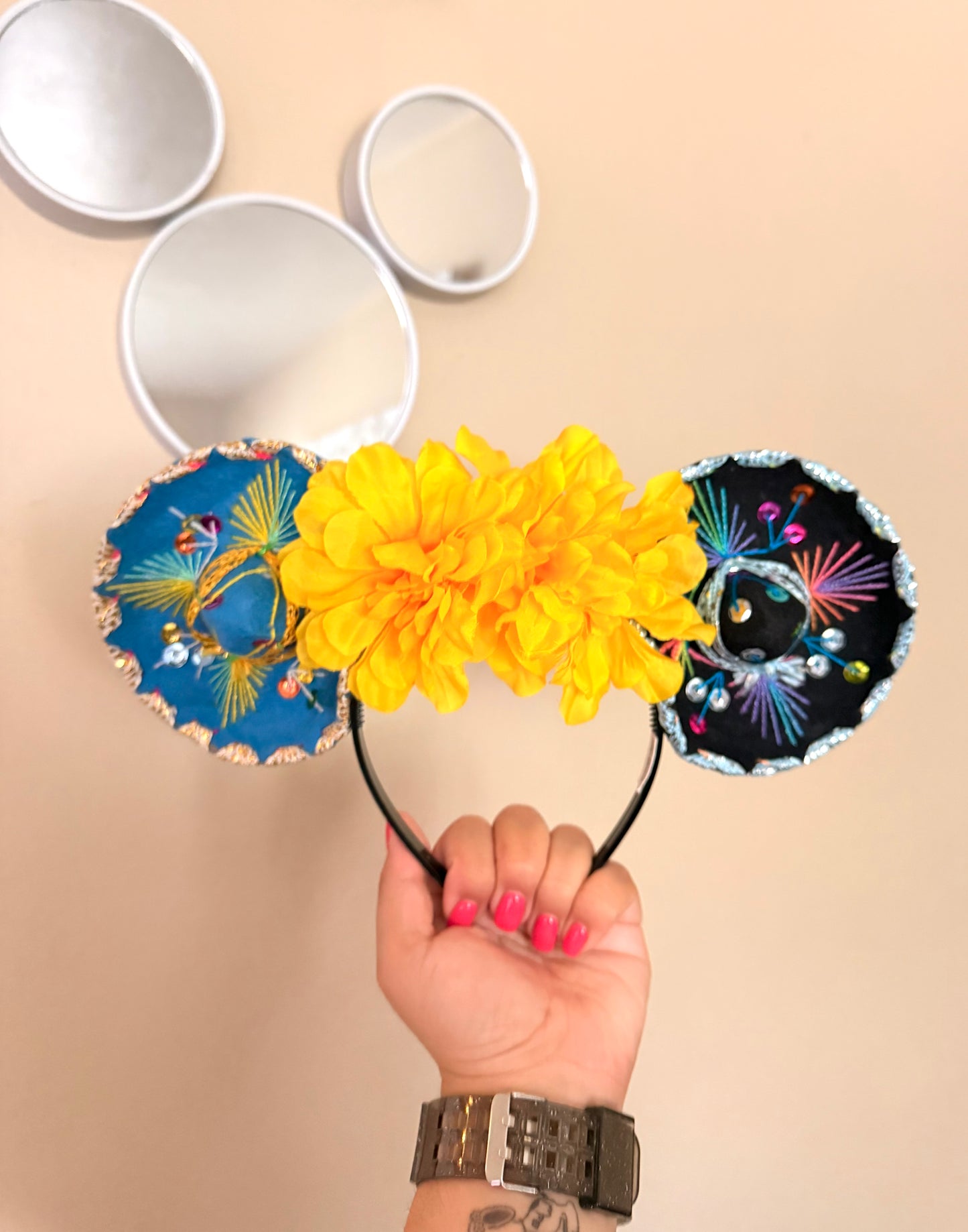 Sombrerito Ears Blue/Black w Yellow Flowers