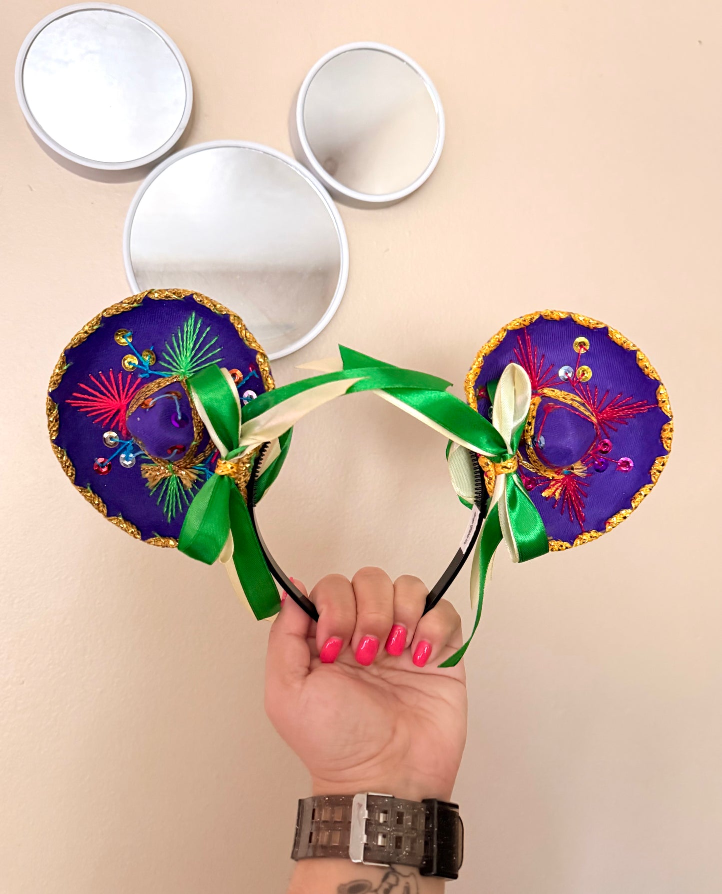 Sombrerito Ears Purple w Green Bows