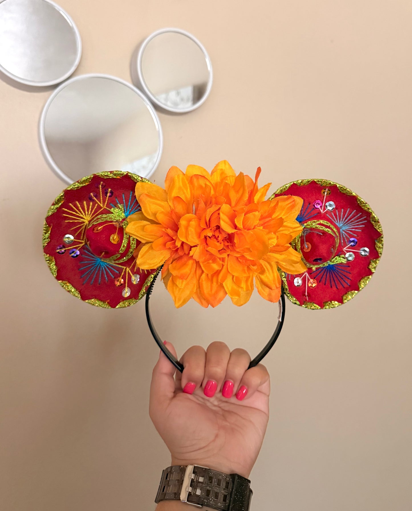 Sombrerito Ears Red w Orange Flowers