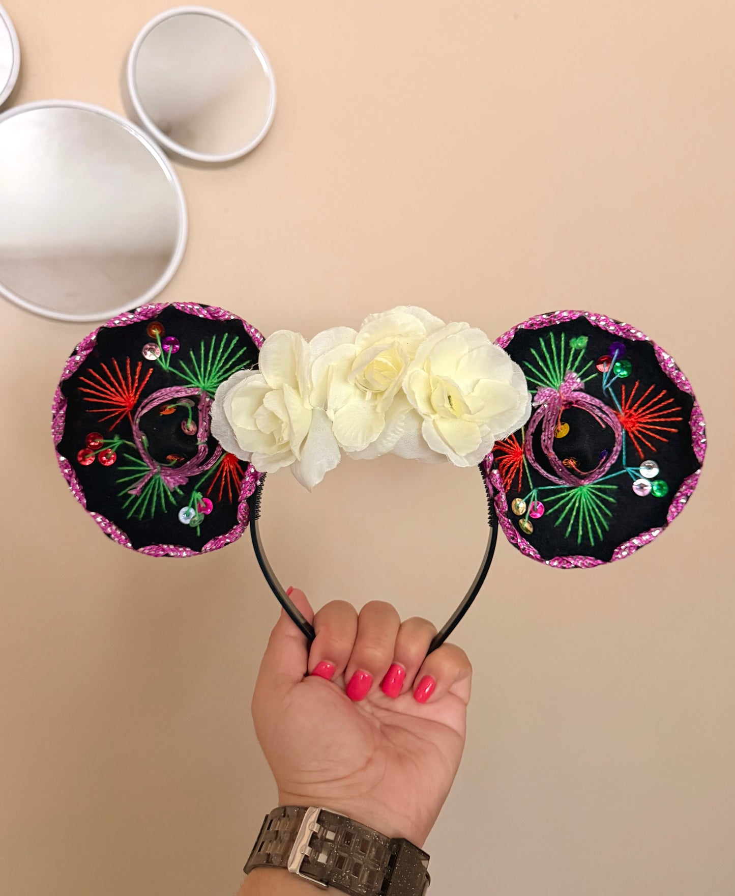 Sombrerito Ears Black Pink Trim w White Flowers