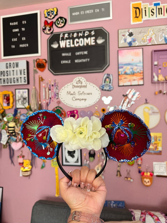 Sombrerito Ears Maroon w White Flowers