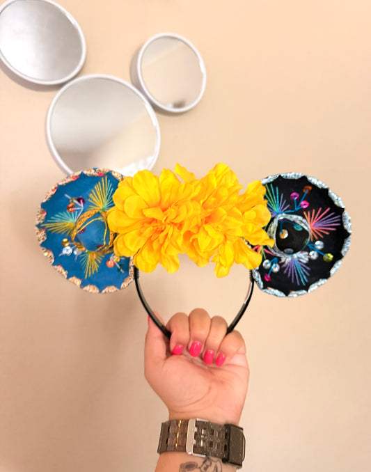 Sombrerito Ears Blue/Black w Yellow Flowers