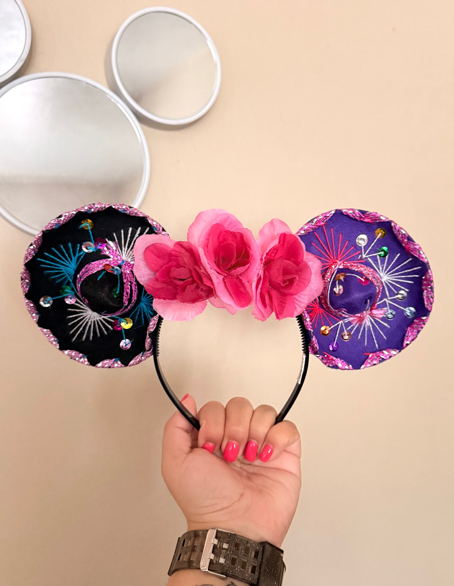 Sombrerito Ears Black/Purple w Pink Flowers