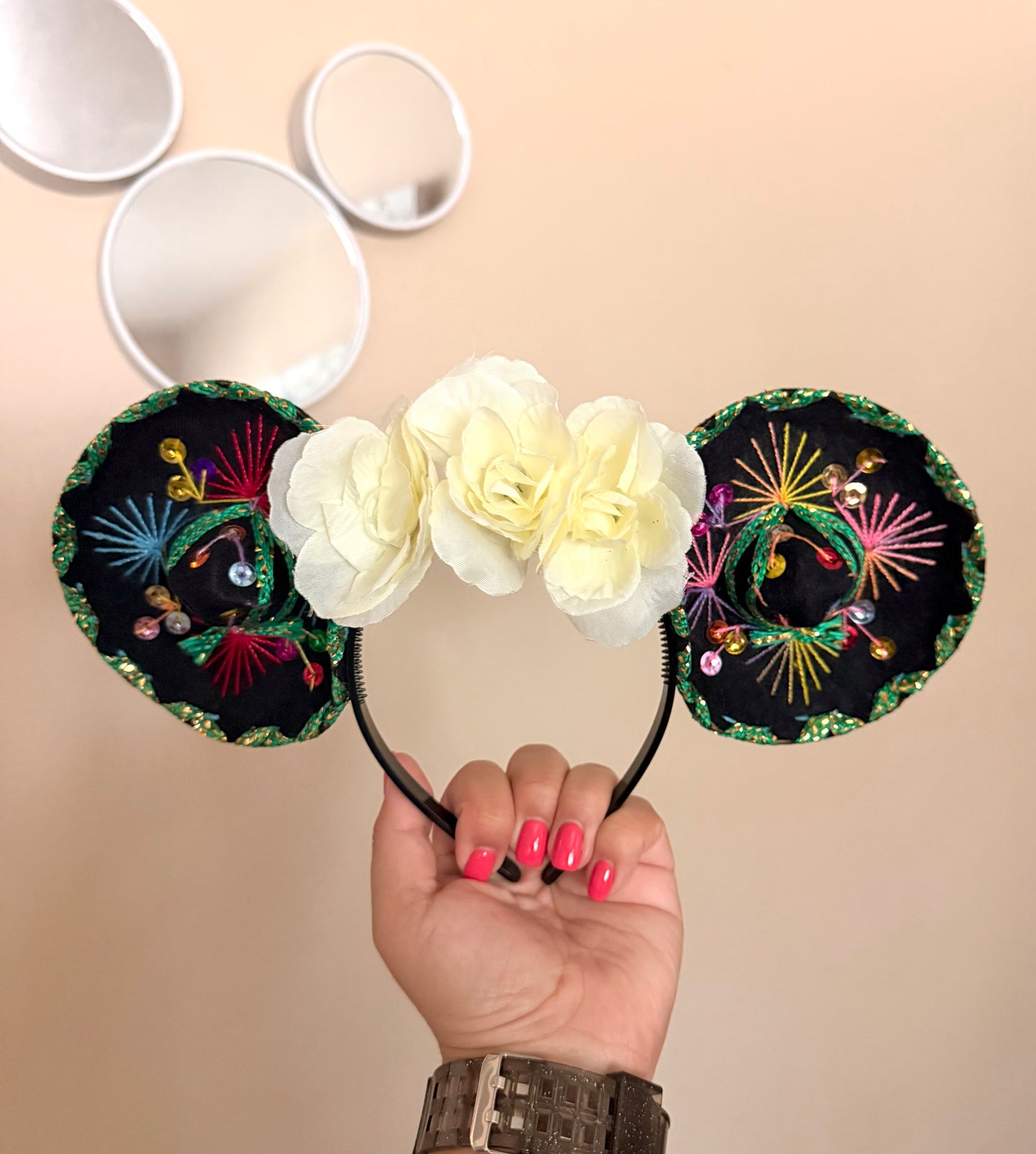 Sombrerito Ears Black Green Trim w White Flowers