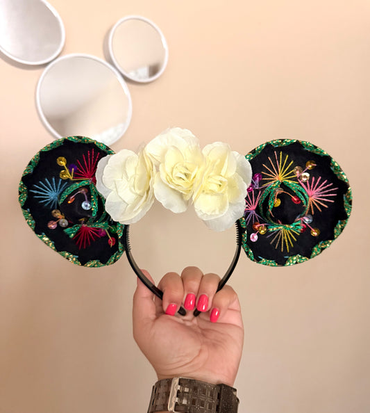 Sombrerito Ears Black Green Trim w White Flowers